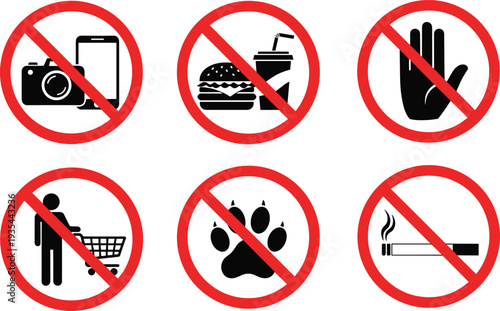 Prohibition signs icons set vector illustration, no camera food smoking pets shopping and stop hand symbols isolated
