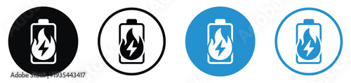 Battery symbol with flame and lightning bolt indicating overheating or fire hazard. Vector icon set for explosive battery warning, safety risks, and thermal runaway alerts.