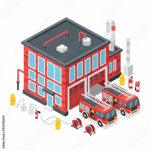 Fire Station with Trucks and Equipment.