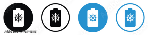 Battery icon with a snowflake symbol indicating cold weather performance or low-temperature warning. Set includes multiple styles for mobile apps and technical documentation.