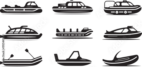 Collection of various hovercraft and inflatable boats design silhouettes isolated