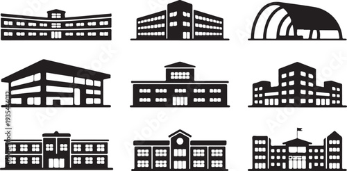Collection of various modern building and architectural structure silhouettes isolated