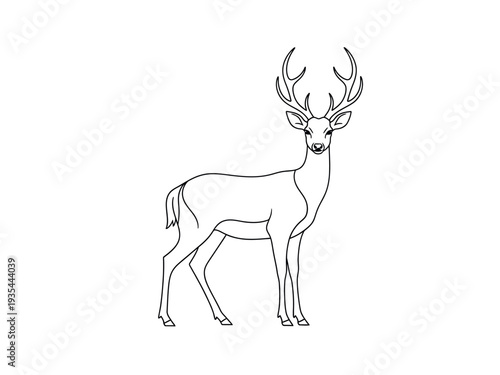 A line drawing of a deer with large antlers standing still
