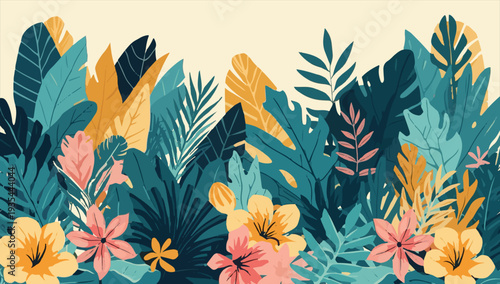 Vector template featuring a vibrant arrangement of tropical leaves and flowers in a modern floral illustration with a flat design aesthetic