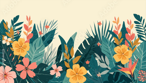 Vector template featuring a vibrant arrangement of tropical leaves and flowers in a modern floral illustration with a flat design aesthetic