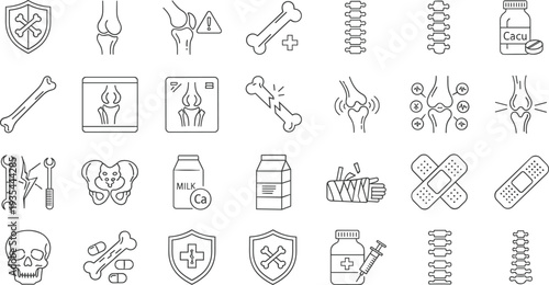 Medical bone and joint health line icon set featuring human skeleton anatomy, orthopedic care, fracture treatment, calcium supplements, and spinal healthcare symbols for healthcare design.