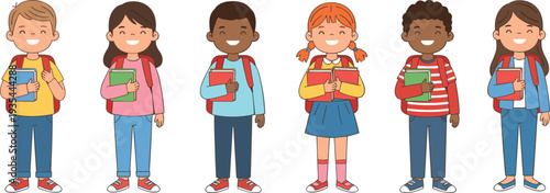 Diverse group of smiling cartoon children standing together with backpacks and books, representing education, friendship, learning, and multicultural school community