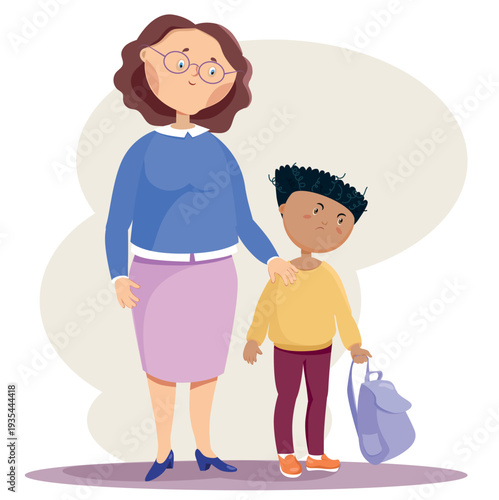 The teacher is standing next to the student who turned away from her