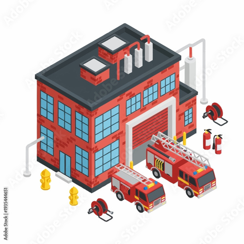 Fire Station with Trucks and Equipment.