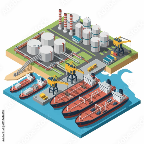 Industrial Oil Refinery with Tankers and Storage.
