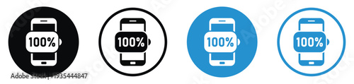 Mobile phone with 100% full battery charge indicator. Vector icon set representing completed charging, energy efficiency, and high power capacity for smartphone interfaces.