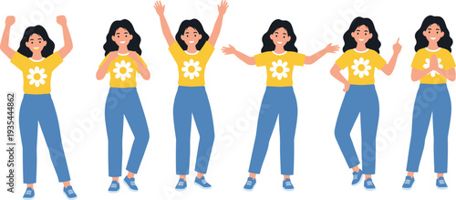 Cartoon woman character in yellow shirt with flower design showing multiple expressive poses including joy, love, confidence, gratitude, and presentation