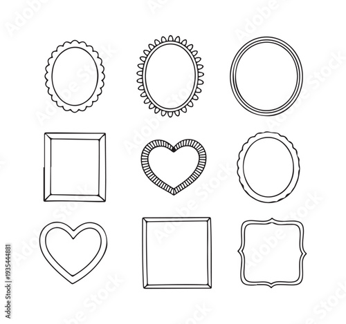 Decorative hand drawn frames featuring hearts and scalloped edges for romantic graphic design projects