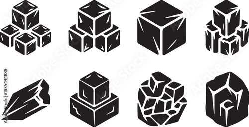 Collection of geometric cracked black cubes and rocks illustration set
