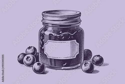 Blueberry jam jar surrounded by berries in detailed vintage engraving style on purple background, concept of homemade preserves