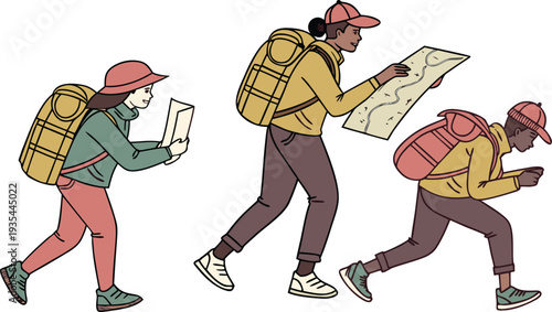 Flat vector illustration of diverse hikers with backpacks walking and navigating with maps on a white background for travel and outdoor adventure concepts
