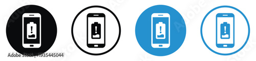 Mobile screen showing low battery level with an exclamation mark. Vector icon set for critical power status, charging reminders, and energy depletion notifications on devices.