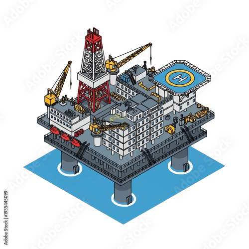 Isometric Oil Rig Platform Illustration.