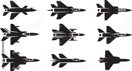 Collection of modern fighter jet silhouettes isolated on transparent background