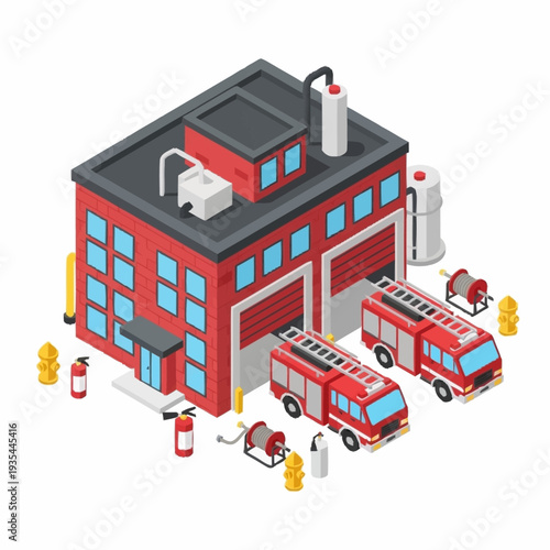 Fire Station with Trucks and Equipment.