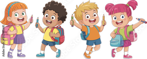 Cartoon children standing with backpacks holding school supplies pencils markers, cheerful diverse students illustration for education learning and playful study