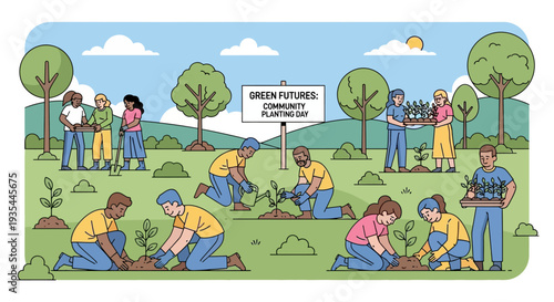 Community members actively participate in a vibrant "Green Futures Community Planting Day" event, planting trees and saplings in a lush, green park setting under a clear blue sky.