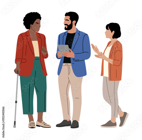 Modern flat illustration of three diverse professionals engaged in discussion, including a woman with a cane and a man holding a tablet, isolated on transparent background.