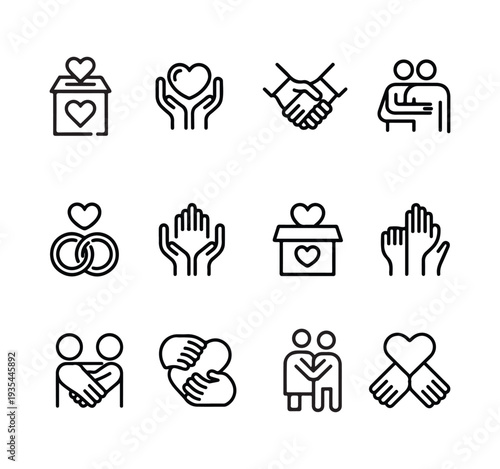 Outline icons for care, community, and charity, featuring hands, hearts, and donation box