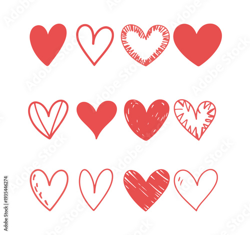 Variety of red hearts collection diverse styles on white background love symbols