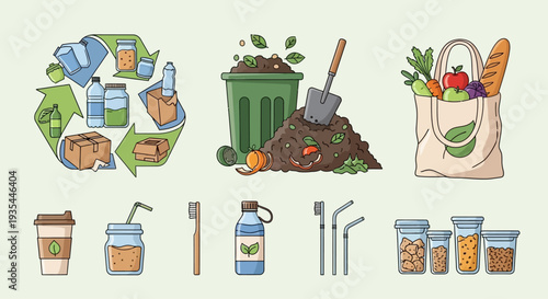 Illustration showcasing various elements of sustainable living, including recycling, composting, reusable shopping bags, and eco-friendly personal care items.
