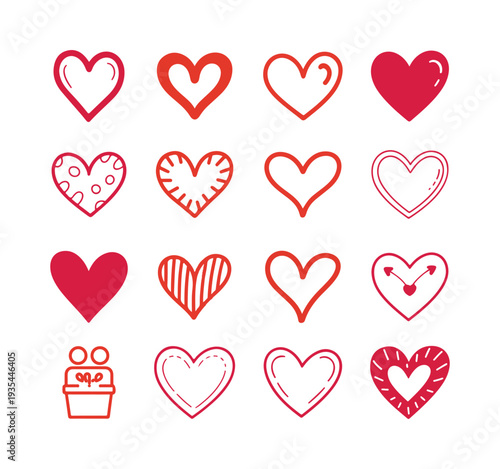 Decorative heart icons and symbols red and outline assorted styles on white background
