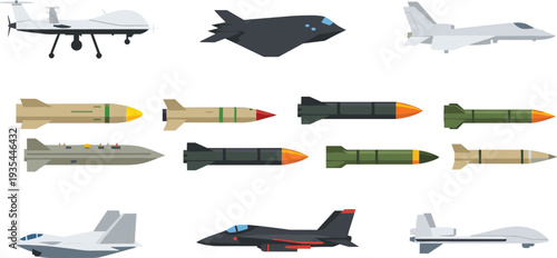 Military aircraft and missile icons set including drones bombers fighter jets rockets weaponry defense aviation equipment, flat vector illustration design