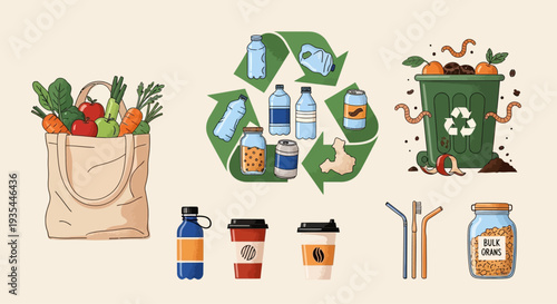 Illustration of sustainable living practices including reusable shopping bags, recycling symbols with various recyclable items, and composting bins.