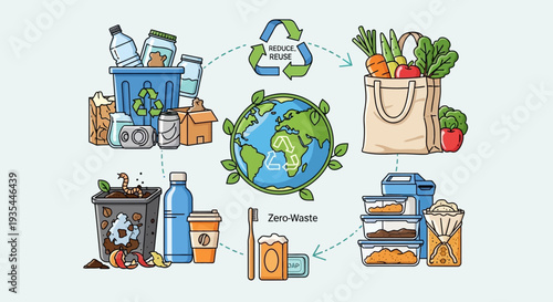 Illustration depicting the concept of zero waste with various recyclable and compostable items surrounding a globe.