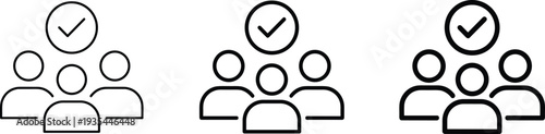 Teamwork group icons with checkmark approval symbol, verified collaboration concept showing consensus validation and membership, flat vector illustration design