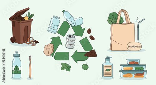 Illustration depicting various elements of sustainable living, including recycling, composting, and reusable items.