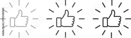 Thumbs up approval icons with radiating lines, feedback rating system showing increasing emphasis, user satisfaction concept, flat vector illustration