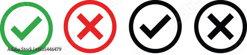Check mark and X icons in colored circles representing approval disapproval correctness error validation concept, flat vector illustration design