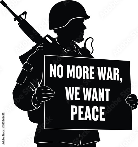 Anti-war soldier silhouette holding peace protest sign, military man with rifle demanding no more war, flat vector illustration