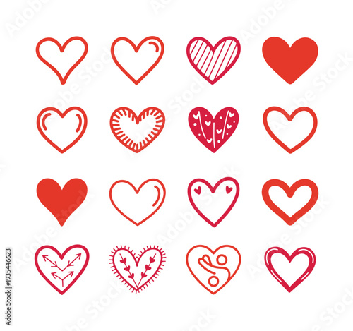 Assorted red hearts collection diverse romantic icons and symbols on white background