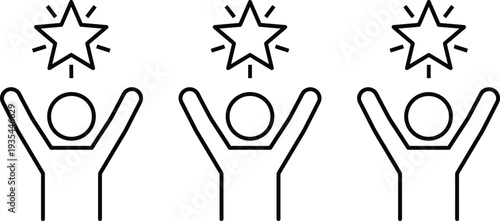 Human figures with raised arms and stars above symbolizing achievement recognition success celebration motivation concept, flat vector illustration design