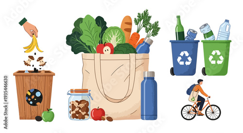 Illustration depicting various sustainable and eco-friendly practices like composting, recycling, using reusable bags and bottles, and cycling for a greener lifestyle.