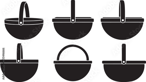 Collection of black frying pans in various orientations displayed