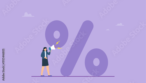 Businesswoman shouting in megaphone with percentage sign. Concept of business vector illustration.