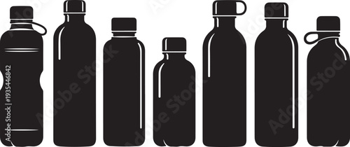 Black silhouettes of various water bottles on white background