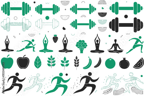 A vibrant collection of icons representing fitness, wellness, and healthy lifestyle activities