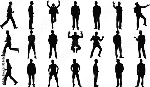 Black Silhouette Vector Collection of Businessmen Walking Running Jumping and Standing in Diverse Professional Poses for Career Success Marketing and Corporate Growth Graphic Designs