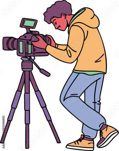Male videographer filming with a professional video camera on a tripod in a flat vector illustration style for media production and content creation.