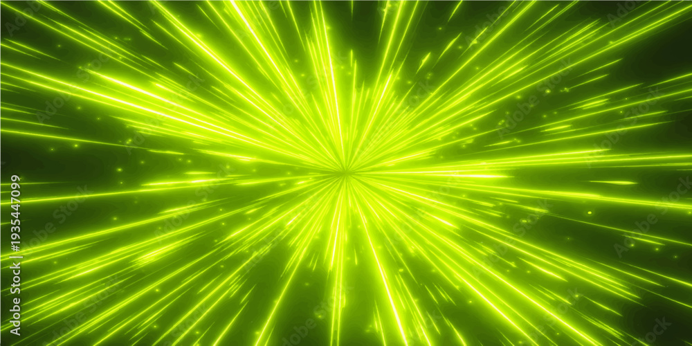 Fototapeta premium A bright digital art illustration featuring a green abstract explosion with fractal motion rays and blue light lines creating a textured wallpaper pattern in space