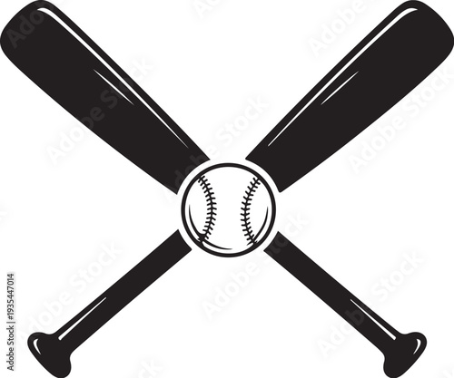 Baseball and Bats Crossed Icon in Black and White